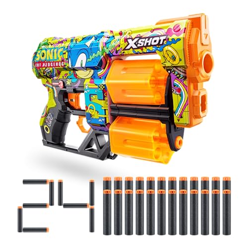 XSHOT Skins Dread Blaster Sonic Hyper Spike, Sonic The Hedgehog Design with 24 Darts, Double Rotating Barrels, Air Pocket Dart Technology, Toy Foam Blaster for Kids, Teens and Adults (24 Darts) von XShot