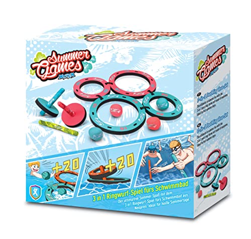 XTREM TOYS + SPORTS Summer Games 3-in-1 Schwimmbad-Ringwurfspiel Set, 6 Bälle, 4 Tauchstäbe, 6 Neopren-Ringe, Rot-Türkis von XTREM TOYS + SPORTS