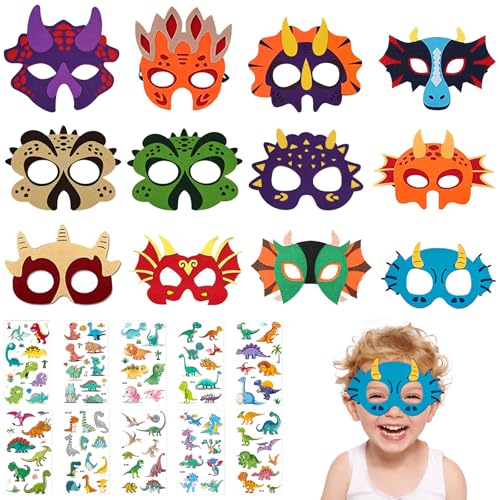 XTUDOU® 12 StüCk Dino Maske, Mit 10 BläTter Dino Filz Masken Aufkleber, mit Elastischem Seil Masken Filz Kinder Dino für Partymaske für Halloween Karneval, KostüMparty Rollenspielmaske von XTUDOU