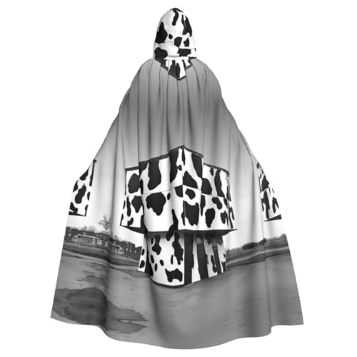 XTYGETY Building04 Unisex Umhang mit Kuh-Druck, Halloween, Kapuzenumhang, Robe, Sensenmann, Zauberer, gruseliges Cosplay-Kostüm von XTYGETY