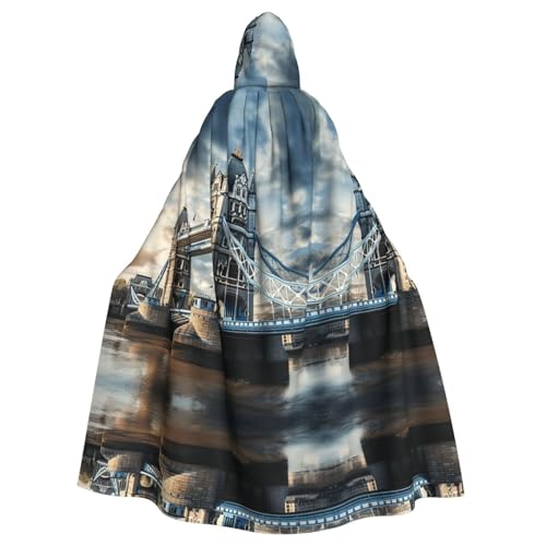 XTYGETY Historischer Old Tower Bridge, London-Druck, Unisex, Umhang, Halloween, Kapuzenumhang, Robe, Sensenmann, Zauberer, gruseliges Cosplay-Kostüm von XTYGETY