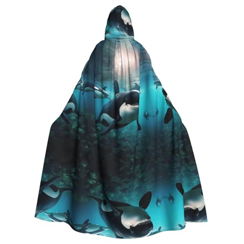 XTYGETY Killerwale mit Aufdruck, Unisex, Umhang, Halloween, Kapuzenumhang, Robe, Sensenmann, Zauberer, gruseliges Cosplay-Kostüm von XTYGETY