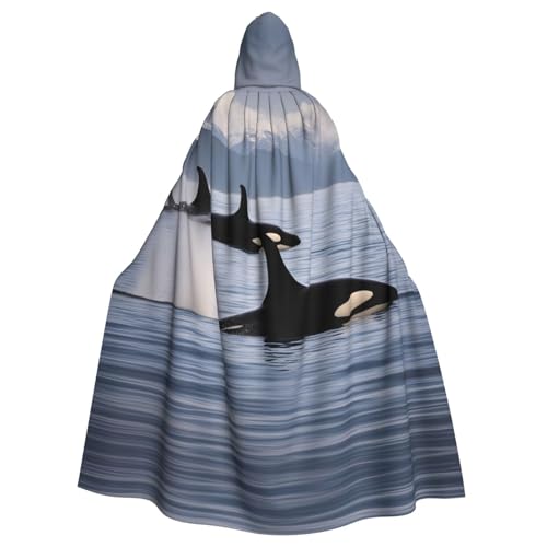 XTYGETY Killerwale mit Aufdruck, Unisex, Umhang, Halloween, Kapuzenumhang, Robe, Sensenmann, Zauberer, gruseliges Cosplay-Kostüm von XTYGETY