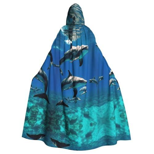 XTYGETY Lustiger Tier-Delfin-Druck, Unisex, Umhang mit Kapuze, Halloween, Robe, Sensenmann, Zauberer, gruseliges Cosplay-Kostüm von XTYGETY