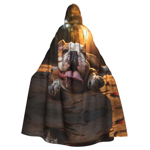 XTYGETY Lustiger englischer Bulldoggen-Aufdruck, Unisex, Umhang mit Halloween, Kapuzenumhang, Robe, Sensenmann, Zauberer, gruseliges Cosplay-Kostüm von XTYGETY