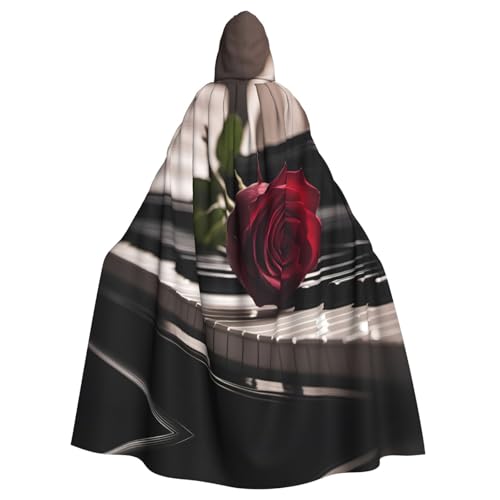 XTYGETY Rote Rose auf Klavierdruck, Unisex, Umhang, Halloween, Kapuzenumhang, Robe, Sensenmann, Zauberer, gruseliges Cosplay-Kostüm von XTYGETY