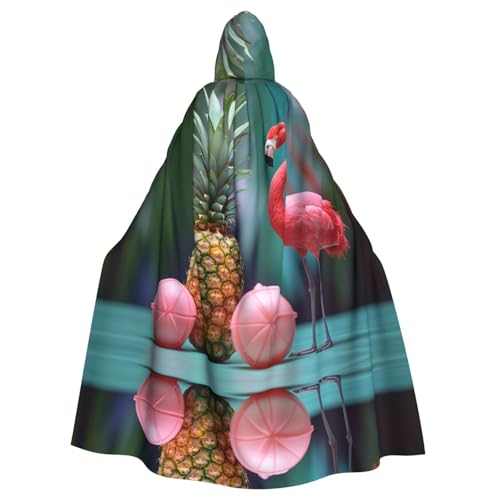 XTYGETY Roter Flamingo-Ananas-Druck, Unisex, Umhang mit Kapuze, Halloween, Sensenmann, Zauberer, gruseliges Cosplay-Kostüm von XTYGETY