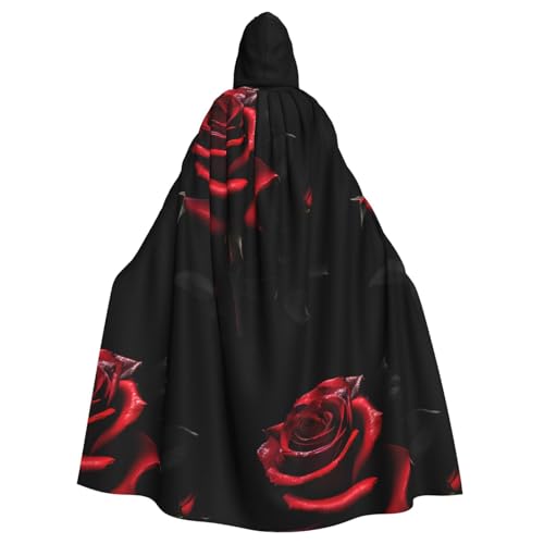 XTYGETY Roter und Rosen-Aufdruck, Unisex, Umhang mit Kapuze, Halloween, Sensenmann, Zauberer, gruseliges Cosplay-Kostüm von XTYGETY