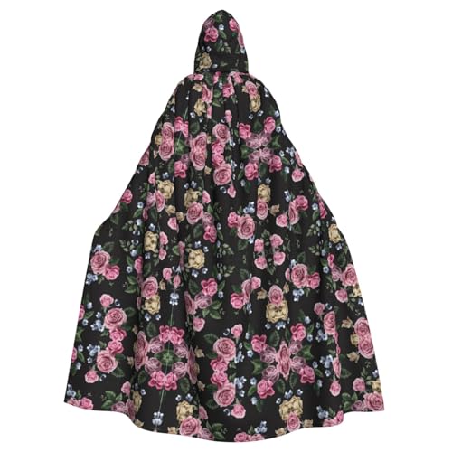 XTYGETY Schwarzer Blackgound-Rosen-Aufdruck, Unisex, Umhang mit Kapuze, Robe, Sensenmann, Zauberer, gruseliges Cosplay-Kostüm von XTYGETY