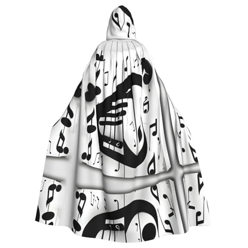 XTYGETY Schwarzer und weißer Umhang mit Musiknoten-Druck, Unisex, Umhang mit Kapuze, Sensenmann, Zauberer, gruseliges Cosplay-Kostüm von XTYGETY