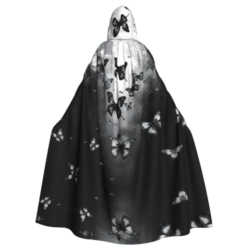 XTYGETY Umhang mit grauem Schmetterlings-Aufdruck, Unisex, Halloween, Kapuzenumhang, Robe, Sensenmann, Zauberer, gruseliges Cosplay-Kostüm von XTYGETY
