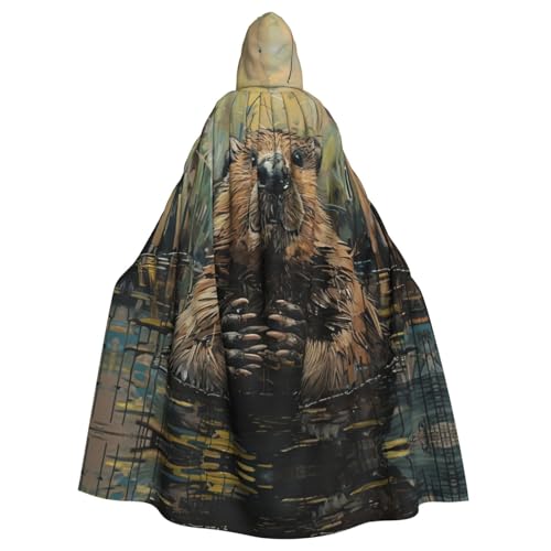 XTYGETY Unisex Umhang mit Biber-Druck, Halloween, Kapuzenumhang, Robe, Sensenmann, Zauberer, gruseliges Cosplay-Kostüm von XTYGETY