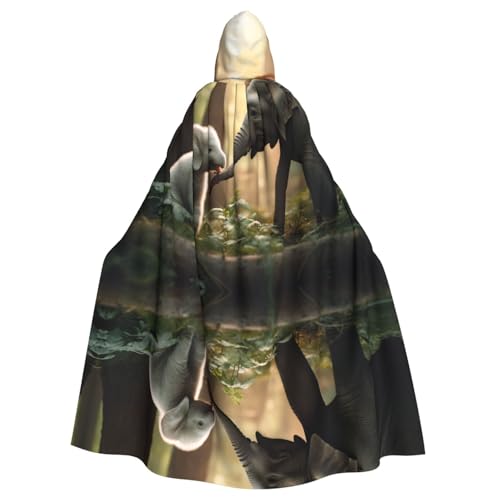 XTYGETY Unisex Umhang mit Elefant und weißem Kaninchen-Druck, Halloween, Kapuzenumhang, Robe, Sensenmann, Zauberer, gruseliges Cosplay-Kostüm von XTYGETY