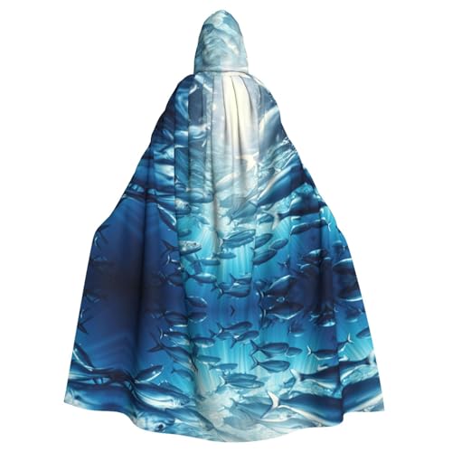 XTYGETY Unisex Umhang mit Fisch-Aufdruck, Halloween-Umhang mit Kapuze, Sensenmann, Zauberer, gruseliges Cosplay-Kostüm von XTYGETY