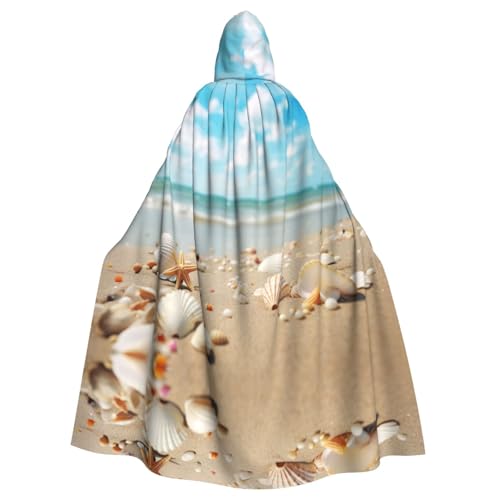 XTYGETY Unisex Umhang mit Muscheln und Sanddruck, Halloween-Umhang mit Kapuze, Sensenmann, Zauberer, gruseliges Cosplay-Kostüm von XTYGETY