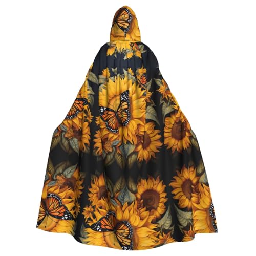 XTYGETY Unisex Umhang mit Sonnenblumen-Schmetterlings-Aufdruck, Halloween, Kapuzenumhang, Robe, Sensenmann, Zauberer, gruseliges Cosplay-Kostüm von XTYGETY