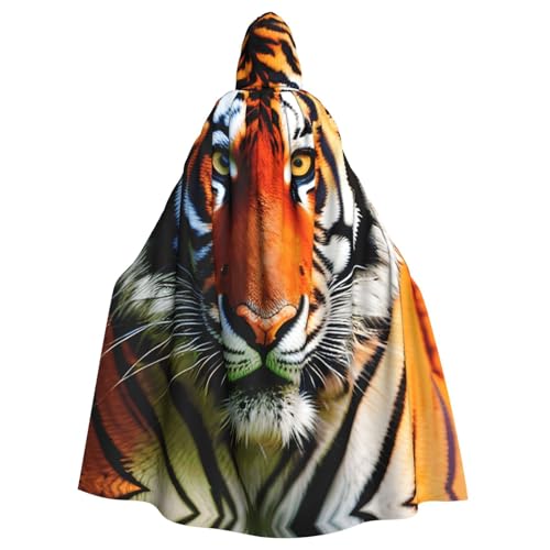 XTYGETY Unisex Umhang mit Tigerstreifen und orangefarbenem Muster, Halloween, Kapuzenumhang, Robe, Sensenmann, Zauberer, gruseliges Cosplay-Kostüm von XTYGETY