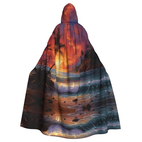 XTYGETY Unisex Umhang mit tropischem Sonnenuntergang und Kapuze, für Halloween, Sensenmann, Zauberer, gruseliges Cosplay-Kostüm von XTYGETY