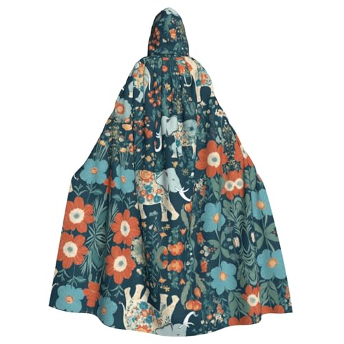 XTYGETY Wunderschönes Wiesenmuster mit floralem Elefant im Druck, Unisex, Umhang mit Kapuze, Halloween, Robe, Sensenmann, Zauberer, gruseliges Cosplay-Kostüm von XTYGETY