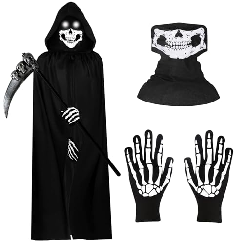 XUDUOO Halloween Kostüme, Halloween Capes Cosplay Verkleidung Kostüm für Erwachsene, inklusive Robe & Sense & Maske & Handschuhe, Gruselige Verkleidung für Cosplay Outfits Partykleid für Damen Herren von XUDUOO
