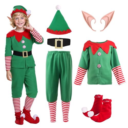 XUEKAIKAI Weihnachtselfen-Kostüm-Set, geeignet für Partys, Weihnachtsmann-Helfer-Kleidung mit Hut, Feenohren und gestreifter Hose XUEKAIKAI Weihnachtselfen-Kostüm-Set, geeignet für Partys, Weihnachtsmann-Helfer-Kleidung mit Hut, Feenohren und gestreifter Hose von XUEKAIKAI