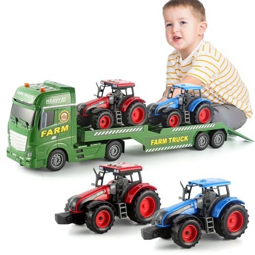 XUEXUE Großer Flachbett-Sattelschlepper Spielzeug für Kinder, inklusive Bauernfahrzeuge, Auto Spielzeug Geburtstagsgeschenk für 2 3 4 5 Jahre alte Jungen und Mädchen von XUEXUE