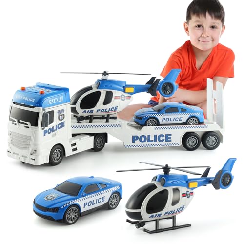 XUEXUE Spielzeug für Kleinkinder Jungen von 3 bis 6 Jahren, 25" Müllwagen Spielzeug mit Rennwagen und Hubschrauber - Polizeispielzeuge, Geburtstagsgeschenke für Kinder 3 Jahre alt (Police Truck) von XUEXUE
