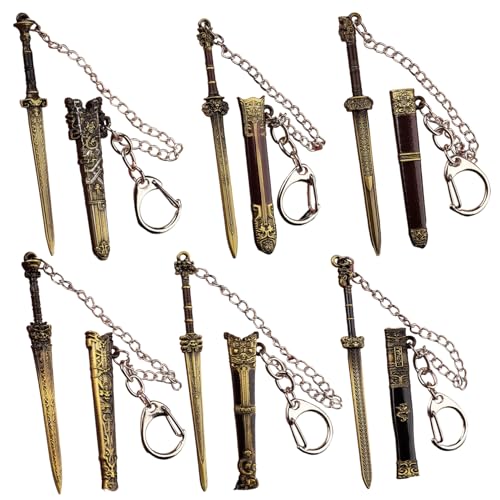 XUEYEGONGJI 6pcs Mini Schwert 3, 5 Zoll exquisit detailliertes Metallschwert -Schlüsselbund mit Scheideschlüsselkette für Geldbeutelbeutel Frauen Frauen von XUEYEGONGJI