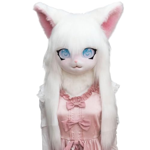 XUEYEGONGJI Pelziger Kopf, volle Kopf Pelzmaske mit großen Augen, Ohren und weißem langem Haar, Tierfursuit Maske Kostüm für Halloween Maskera von XUEYEGONGJI