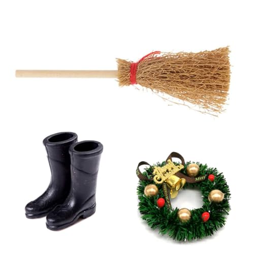 XUEYEGONGJI Puppenhaus Weihnachtskranz Mini Simulation Besen Regenstiefel Schuhe für Dekoration Puppenhaus Accessoires, Besen von XUEYEGONGJI