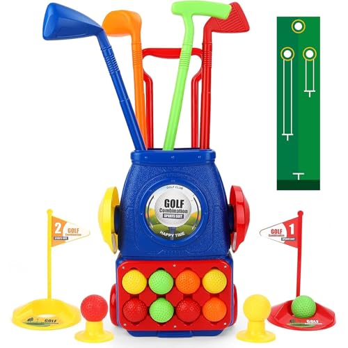 XUEYEGONGJI Toddler Golf Set tragbares Indoor -Kindergolf -Golf -Set enthält 1 Wagen, 8 Bälle, 2 Basen, 2 Löcher, 4 Clubs und 1 Puting Mat, Kleinkind zum Training, Üben, Spaß, Mini von XUEYEGONGJI