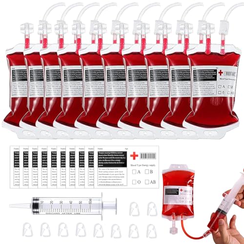 XULEGGNK 10 Stück Blutbeutel Zum Trinken 350 ml, Blutkonserven Beutel Zum Trinken, Infusionsbeutel Zum Befüllen, 10 Aufkleber, 10 Clips, 1 60 ml-Spritze für Vampire Zombie Party Halloween Zubehö XULEGGNK 10 Stück Blutbeutel Zum Trinken 350 ml, Blutkonserven Beutel Zum Trinken, Infusionsbeutel Zum Befüllen, 10 Aufkleber, 10 Clips, 1 60 ml-Spritze für Vampire Zombie Party Halloween Zubehö von XULEGGNK