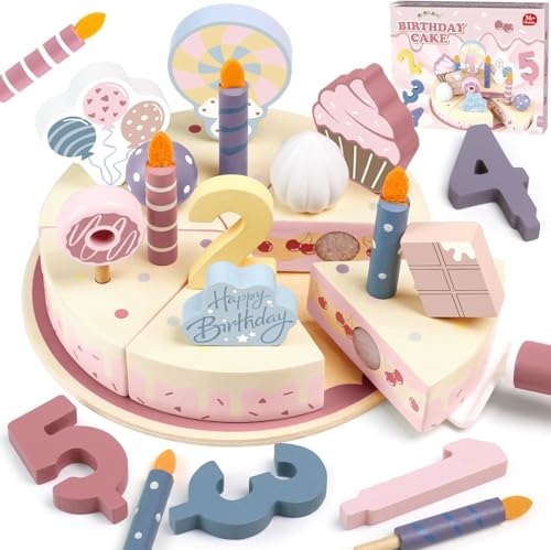 XULIERUX Holzgeburtstagstorte Küchenzubehör, Kinderküchenzubehör, kombinierbares und trennbares Geburtstagstortenspielzeug, Küchenspielzeug, Holzgeschenk für Kinder von XULIERUX