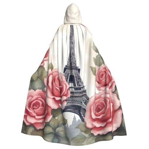 XULLZH Eiffelturm-Rosen-Blumendruck, langer Umhang für Erwachsene, Kapuzenpullover, Weihnachten, Halloween, Kostüme, Party, Thema, Rollenspiel von XULLZH