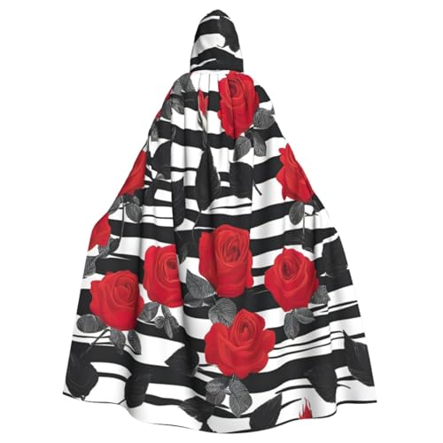 XULLZH Schwarz-weiße Streifen rote Rose Blumen Druck Erwachsene Umhang langer Umhang Hoodie Weihnachten Halloween Kostüme Party Thema Rollenspiel von XULLZH