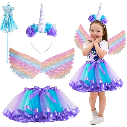 XUNIVERS Einhorn Kostüm Prinzessin Set 4 Stück, Regenbogen Tutu Rock Mädchen Kostüm Tüllrock, Prinzessin Kostüm Mädchen Einhorn Haarreif Flügel für Mädchen im Alter von 3–8 Jahren Geeignet XUNIVERS Einhorn Kostüm Prinzessin Set 4 Stück, Regenbogen Tutu Rock Mädchen Kostüm Tüllrock, Prinzessin Kostüm Mädchen Einhorn Haarreif Flügel für Mädchen im Alter von 3–8 Jahren Geeignet von XUNIVERS