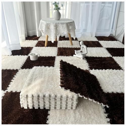36 Stück, weiche, Flauschige, ineinandergreifende Teppichfliesen, zottelige Spielteppiche, Plüsch-Puzzle-Schaumstoff-Bodenmatten mit Rand(Dark Brown+White) von XUZWMAGZJ