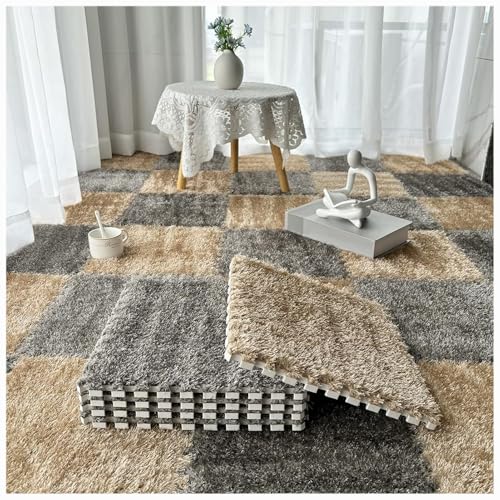 36 Stück, weiche, Flauschige, ineinandergreifende Teppichfliesen, zottelige Spielteppiche, Plüsch-Puzzle-Schaumstoff-Bodenmatten mit Rand(Gray+Light Brown) von XUZWMAGZJ