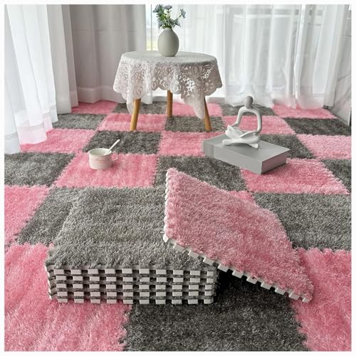 36 Stück, weiche, Flauschige, ineinandergreifende Teppichfliesen, zottelige Spielteppiche, Plüsch-Puzzle-Schaumstoff-Bodenmatten mit Rand(Gray+pink) von XUZWMAGZJ