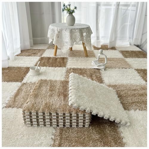 36 Stück, weiche, Flauschige, ineinandergreifende Teppichfliesen, zottelige Spielteppiche, Plüsch-Puzzle-Schaumstoff-Bodenmatten mit Rand(Light Brown+White) von XUZWMAGZJ