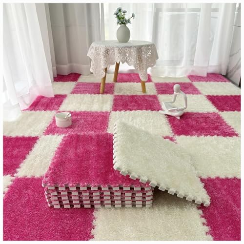 36 Stück, weiche, Flauschige, ineinandergreifende Teppichfliesen, zottelige Spielteppiche, Plüsch-Puzzle-Schaumstoff-Bodenmatten mit Rand(Rose Red+White) von XUZWMAGZJ