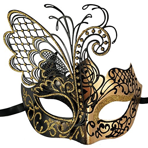 XVEVINA Maskenmaske mit fliegendem Schmetterling, goldfarben und schwarz, glitzernd, Metall, venezianische Party, Abend, Abschlussball, Halloween, Karnevalsmaske XVEVINA Maskenmaske mit fliegendem Schmetterling, goldfarben und schwarz, glitzernd, Metall, venezianische Party, Abend, Abschlussball, Halloween, Karnevalsmaske von XVEVINA