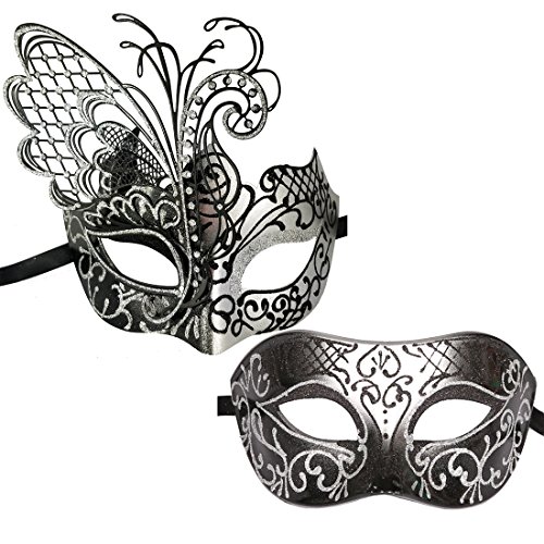 XVEVINA Venezianische Masken-Set, Party-Kostüm-Zubehör (schwarz/silberfarben) von XVEVINA