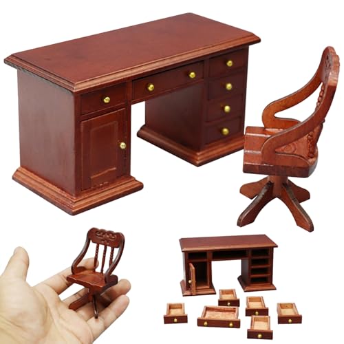 Dollhouse Tisch und Stuhl 1/12 Skala Holzpuppenhausmöbel Set mit Miniaturschreibtisch & Stuhl Retro Mini -Möbeln für die Lernszenendekoration von XVHOAB