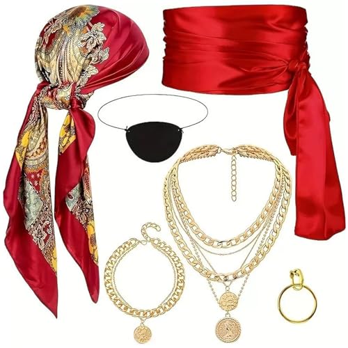 XVHOAB 6pcs/Set Piratenkostüm Frauen rotes Halloween -Piratenzubehör mit Kopftuch, Gürtel, Halskette, Armband, Augenmaske, Ohrringen für Cosplay -Party XVHOAB 6pcs/Set Piratenkostüm Frauen rotes Halloween -Piratenzubehör mit Kopftuch, Gürtel, Halskette, Armband, Augenmaske, Ohrringen für Cosplay -Party von XVHOAB