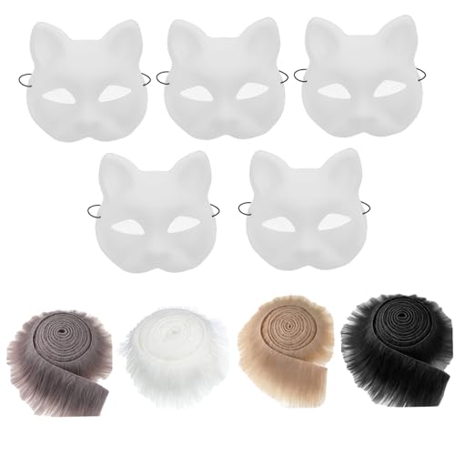 XVHOAB 9pcs Katzenmaske und Faux Fuzzy Fabric Kit PVC Eye Meshes Leere Katzenmasken zum Malen, Tiermaske Kunsthandwerkskit, Kostümmasken für Halloween Masquerade Cosplay Party von XVHOAB