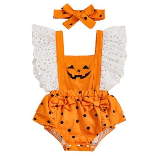 XVHOAB Halloween-Baby-Outfit, weiches Baumwoll-Baby-Mädchen Halloween-Outfit, niedliche ärmellose einteilige Overall für Heimparty, Orange XVHOAB Halloween-Baby-Outfit, weiches Baumwoll-Baby-Mädchen Halloween-Outfit, niedliche ärmellose einteilige Overall für Heimparty, Orange von XVHOAB