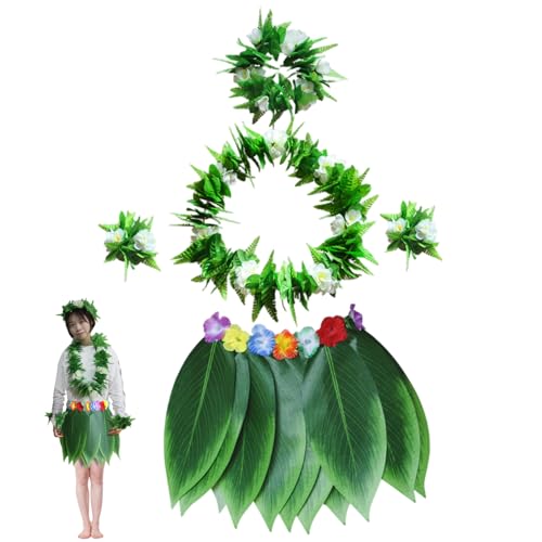 XVHOAB Hula -Rock für Erwachsene 5pcs/Set Green Blattrock mit Halsketten Armbändern Stirnband Hawaiian Kostüm für Strand Luau Party Gefälligkeiten, Mleaf von XVHOAB