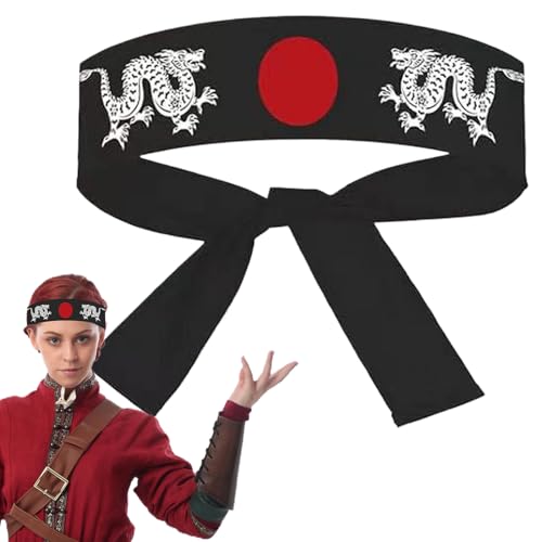 XVHOAB Japanisches Stirnband 39 Länge schwarzes Karate Kid Stirnband mit 2 Drachen- und Sonnenaufgangsmustern Baumwoll japanisches Bandana für Halloween -Cosplay -Kostüme von XVHOAB