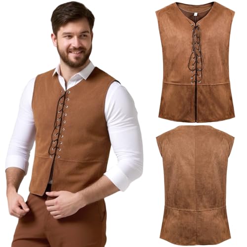 XVHOAB Mittelalterliche Weste dunkelbrauner Retro -Wikinger -Renaissance -Weste Gothic Steampunk Pirate Kostüm Männer für Halloween -Cosplay, mittelalterliches Kostüm von XVHOAB
